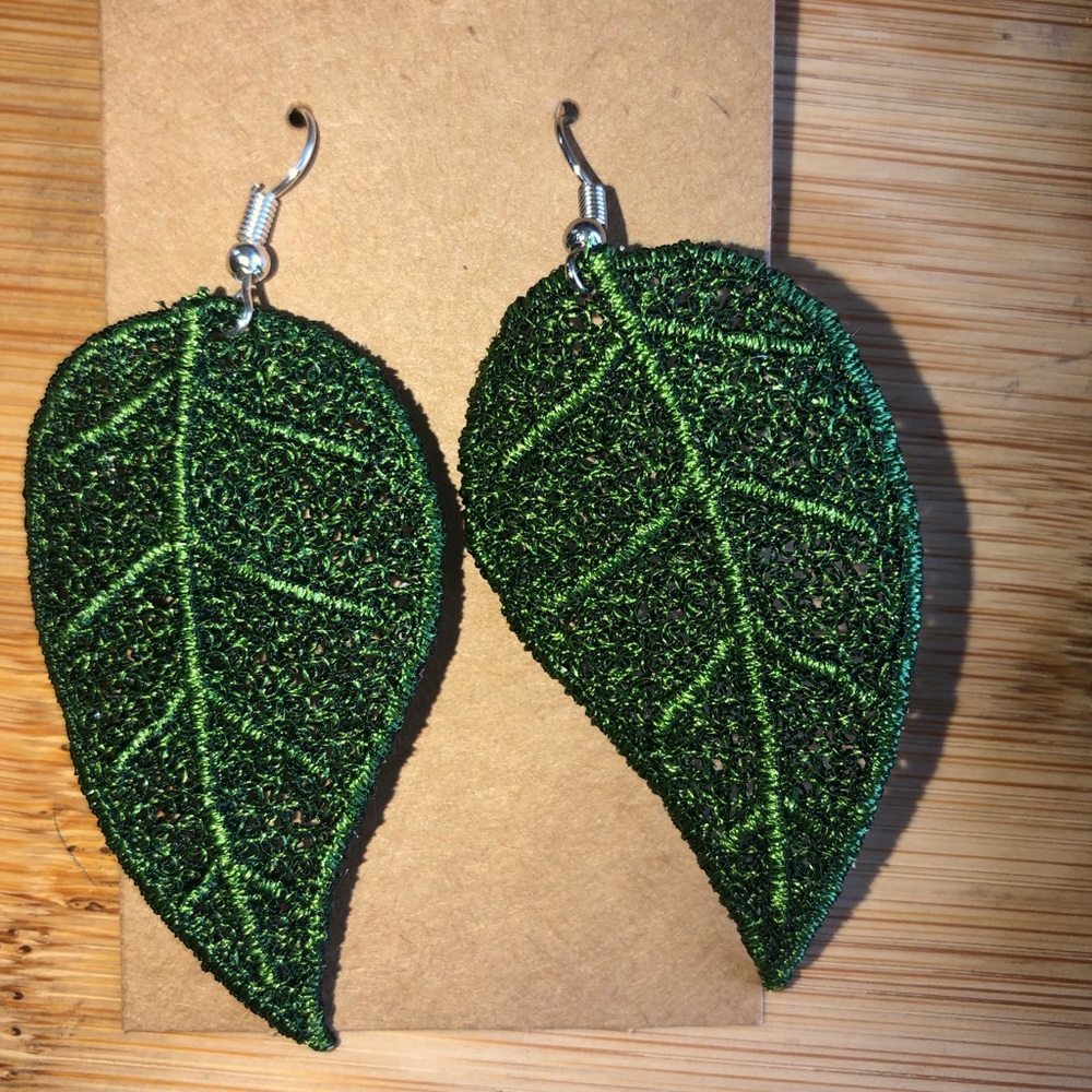 Embroidered lace leaf earrings